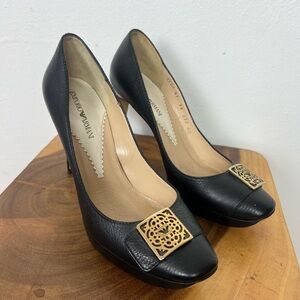 Emporio Armani DEADSTOCK Black Heels with Gold Logo Buckle Platform Stilettos 40